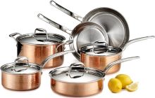 Lagostina Martellata Hammered Copper Cookware Set table